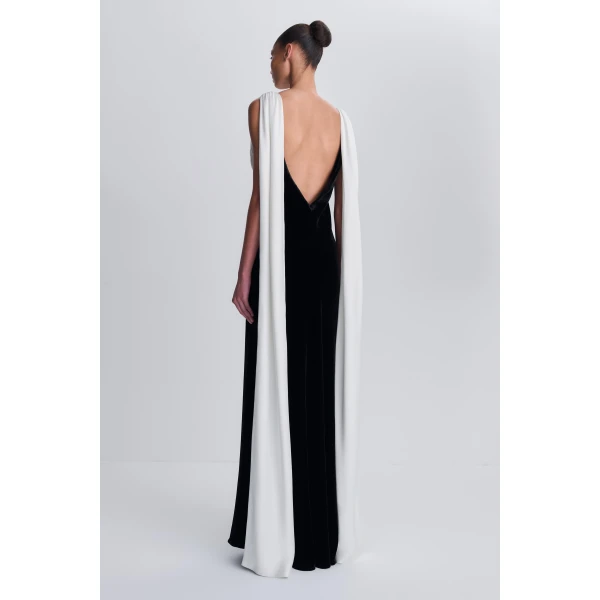 Mariselle Draped Velvet Gown in Black Ivory Multi - Image 5