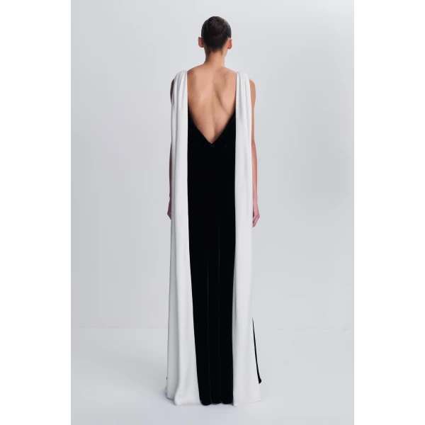 Mariselle Draped Velvet Gown in Black Ivory Multi - Image 6