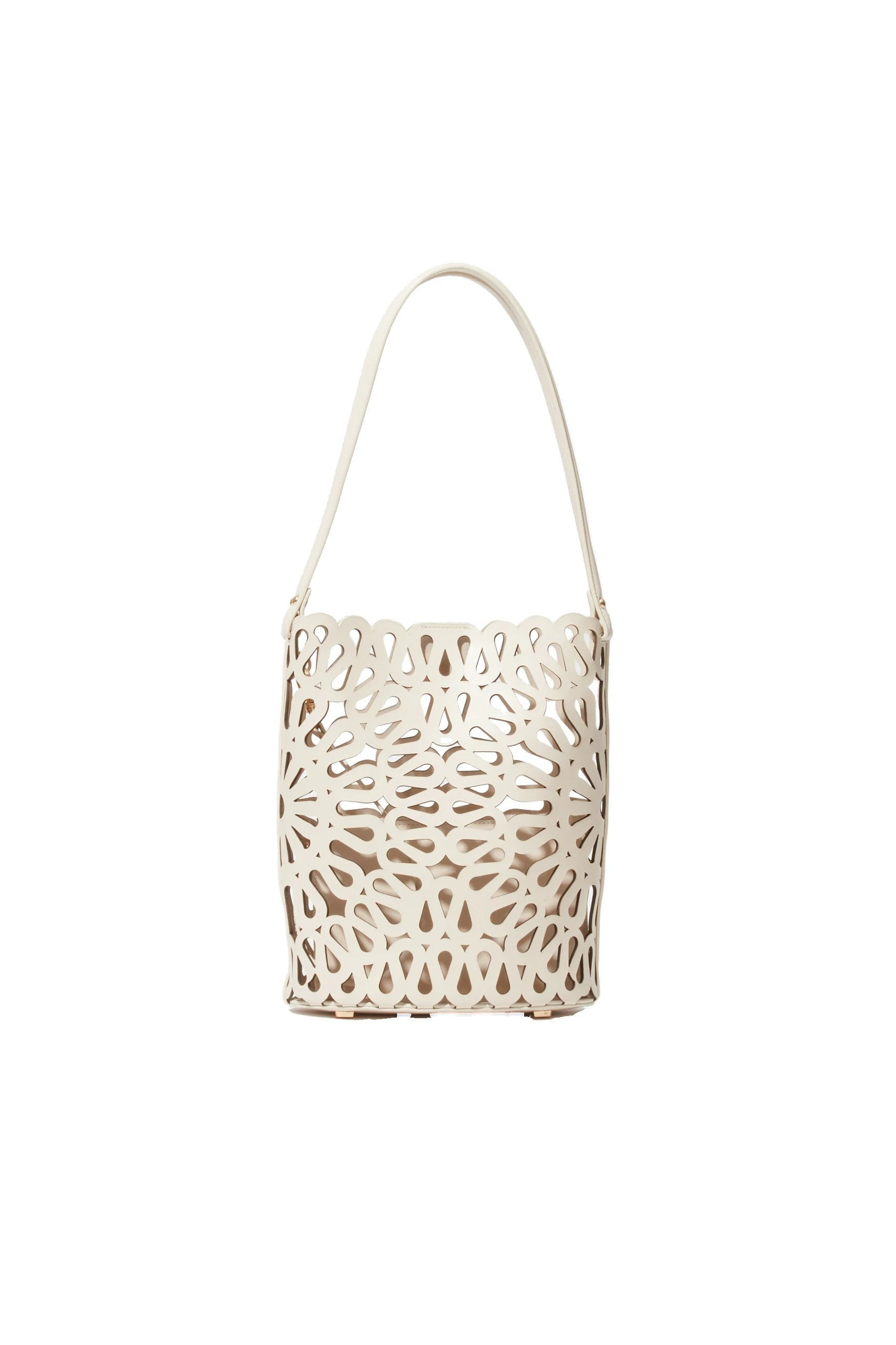 SIMKHAI Mccall Laser Cut Leather Bucket Bag in Cream SIMKHAI Mccall Laser Cut Leather Bucket Bag in Cream