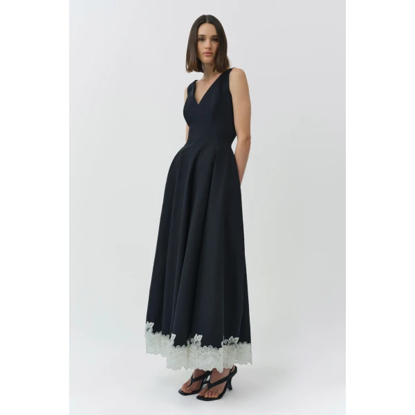Mira Cotton Faille Lace Midi Dress in Black Multi - Image 5