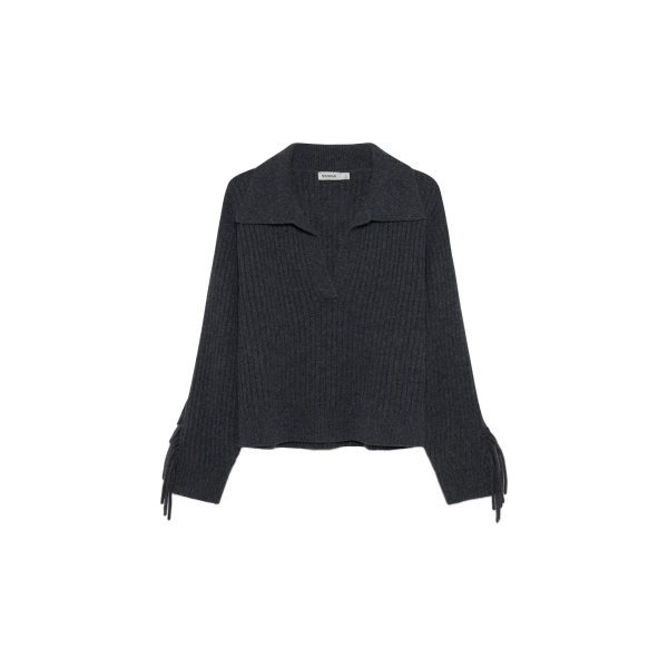 SIMKHAI Natalia Collared Fringe Sweater in Dark Charcoal Melange