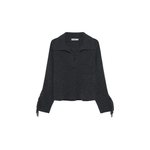 Natalia Collared Fringe Sweater in Dark Charcoal Melange