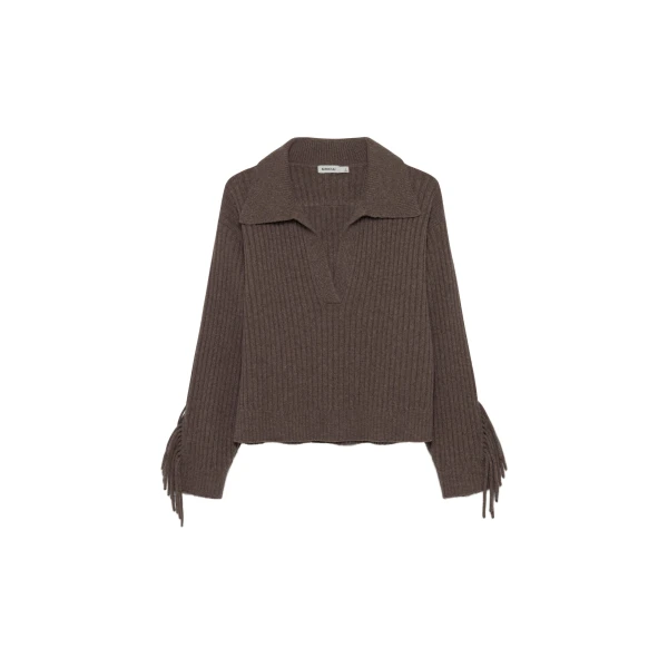 Natalia Collared Fringe Sweater in Mushroom Melange