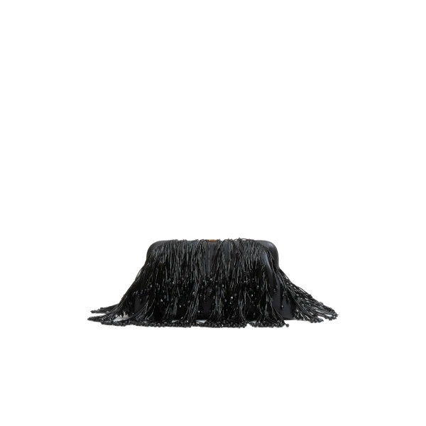 Pia Beaded Fringe Clutch in Black