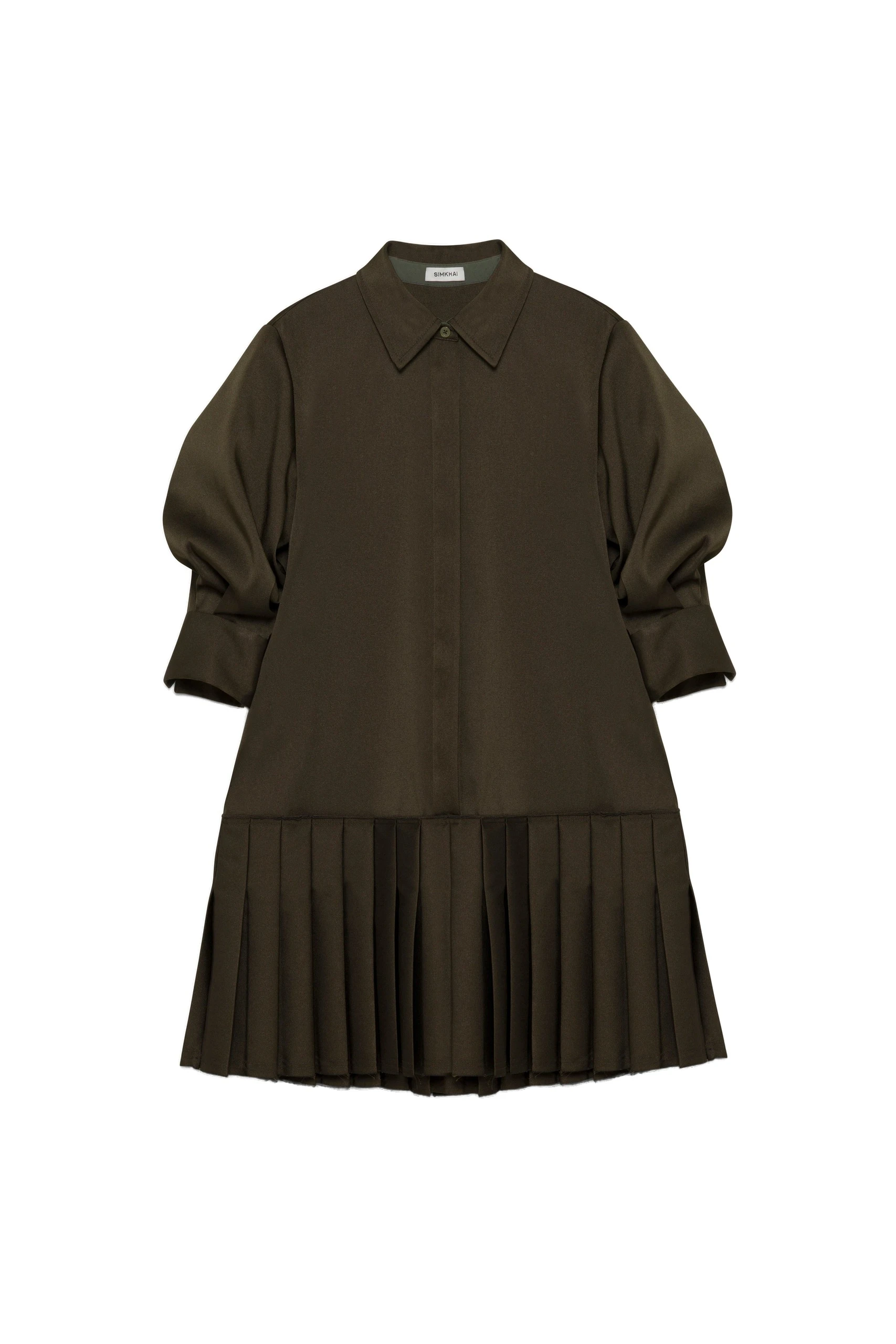 SIMKHAI Regina Pleated Mini Shirt Dress in Dark Olive SIMKHAI Regina Pleated Mini Shirt Dress in Dark Olive