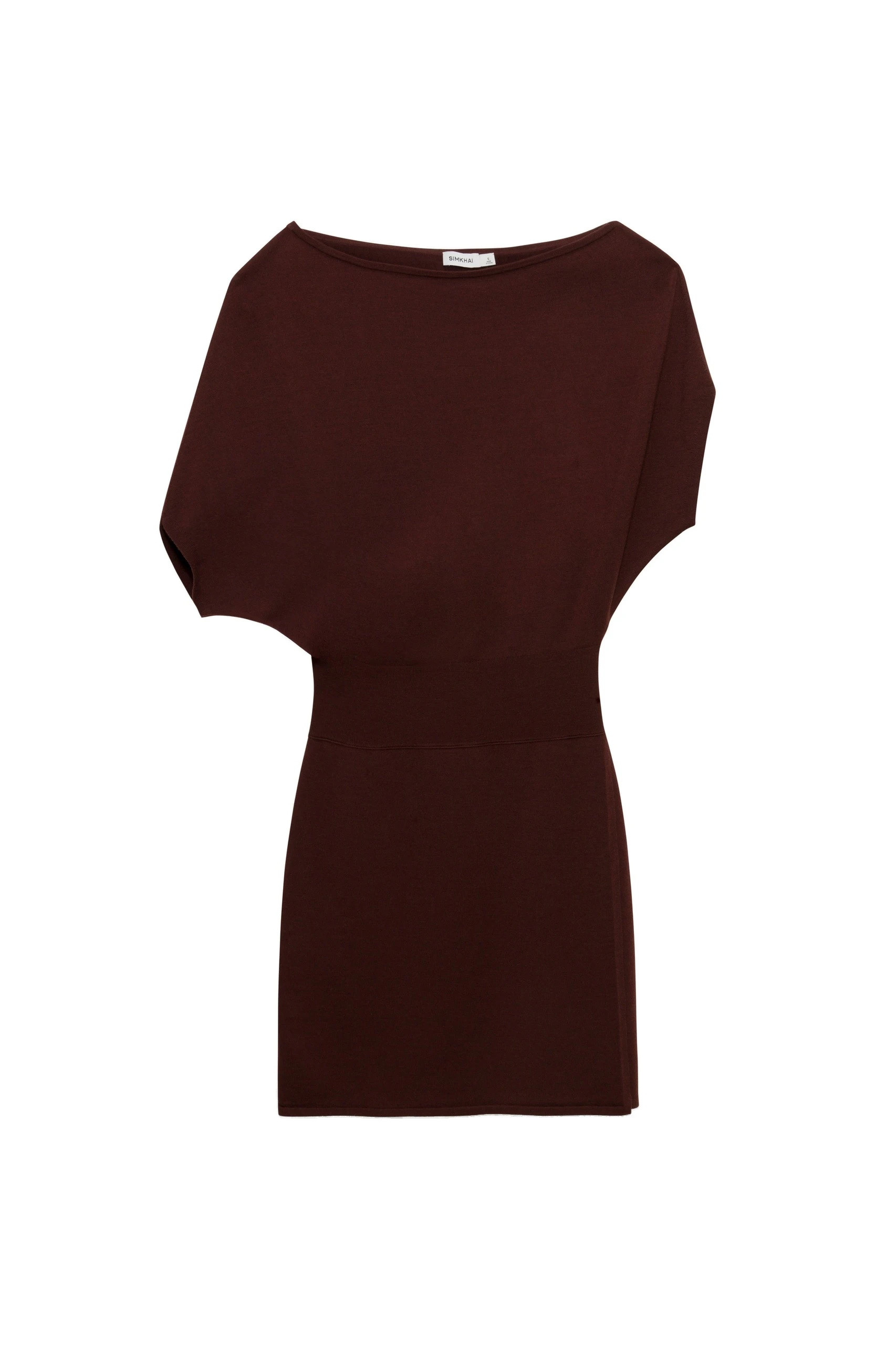 SIMKHAI Shania Off Shoulder Mini Dress in Mahogany SIMKHAI Shania Off Shoulder Mini Dress in Mahogany