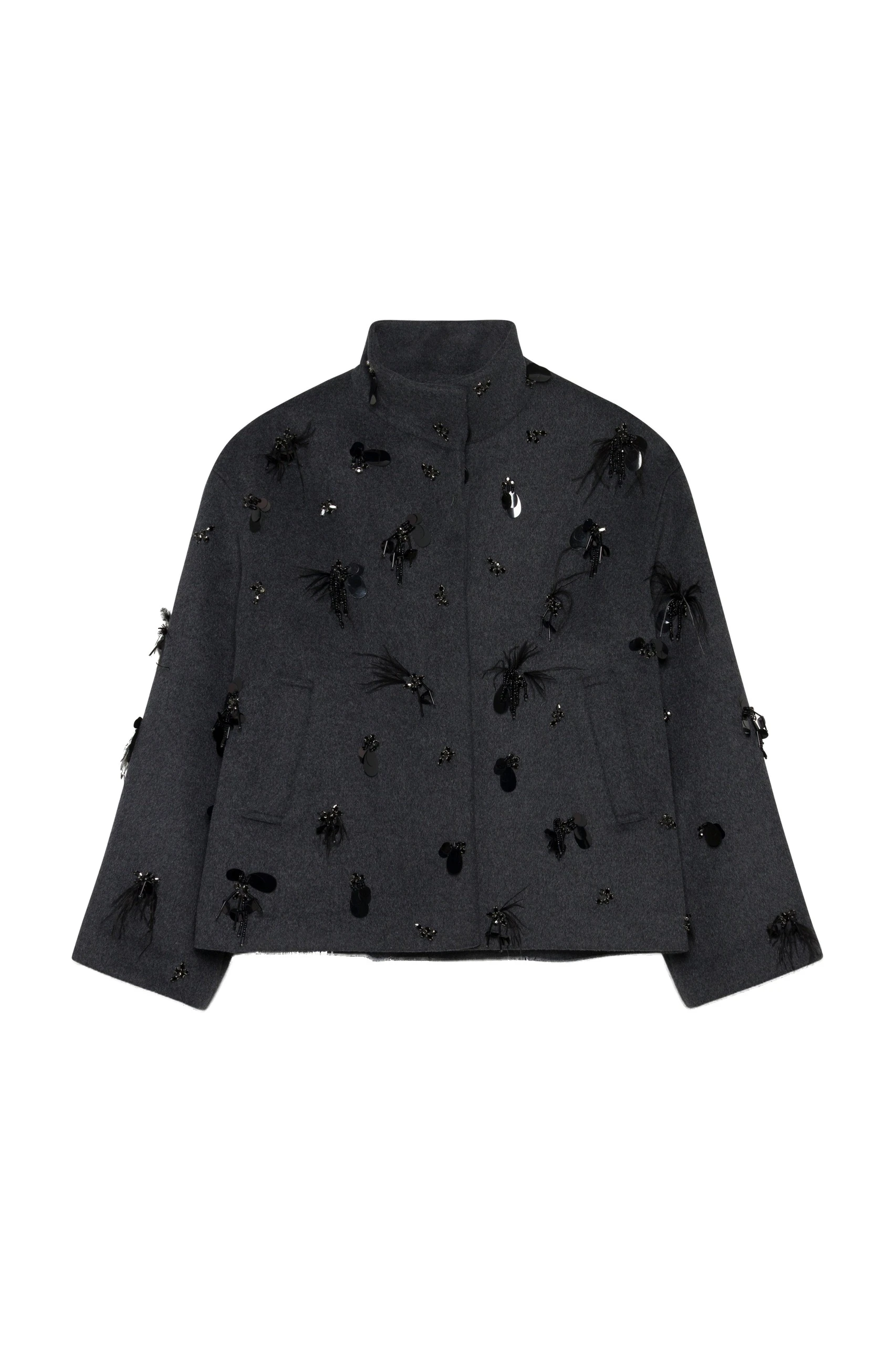 SIMKHAI Siena Embellished Wool Jacket in Dark Charcoal SIMKHAI Siena Embellished Wool Jacket in Dark Charcoal