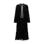 SIMKHAI Thiora Velvet Embroidered Lace Midi Dress in Black