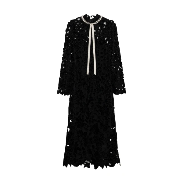 Thiora Velvet Embroidered Lace Midi Dress in Black