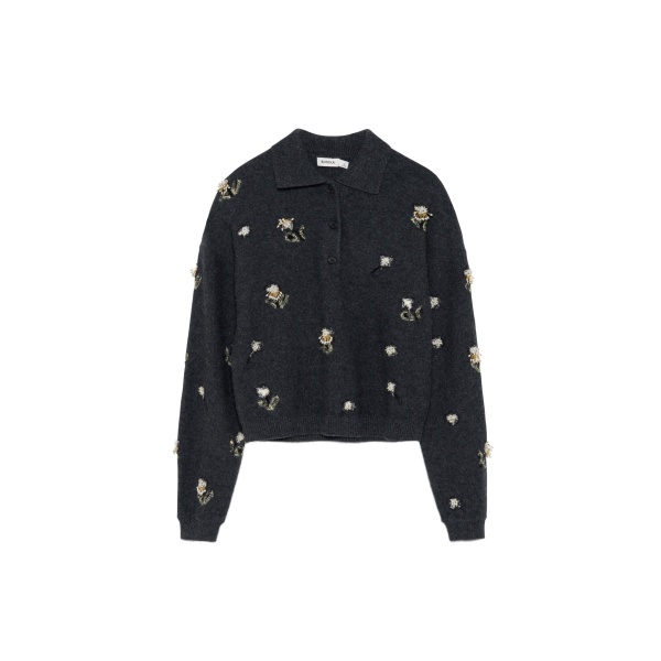 SIMKHAI Zarelle Embellished Wool Cashmere Polo in Dark Charcoal