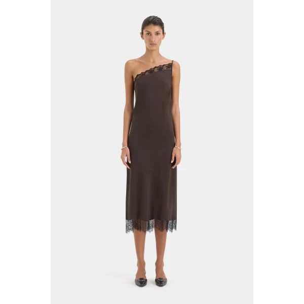 SIR the Label Aries One Shoulder Dress in Bitter Chocolate | Maxi Dresses | Luxury Shoes 