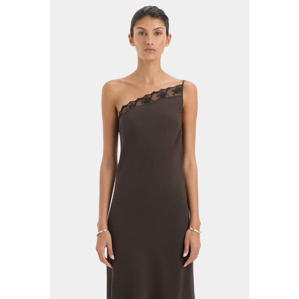 SIR the Label Aries One Shoulder Dress in Bitter Chocolate | Maxi Dresses | Luxury Shoes 
