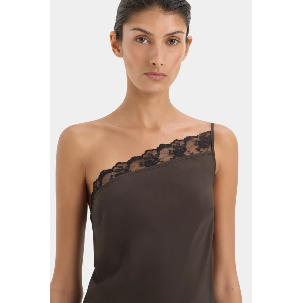 SIR the Label Aries One Shoulder Dress in Bitter Chocolate | Maxi Dresses | Luxury Shoes 