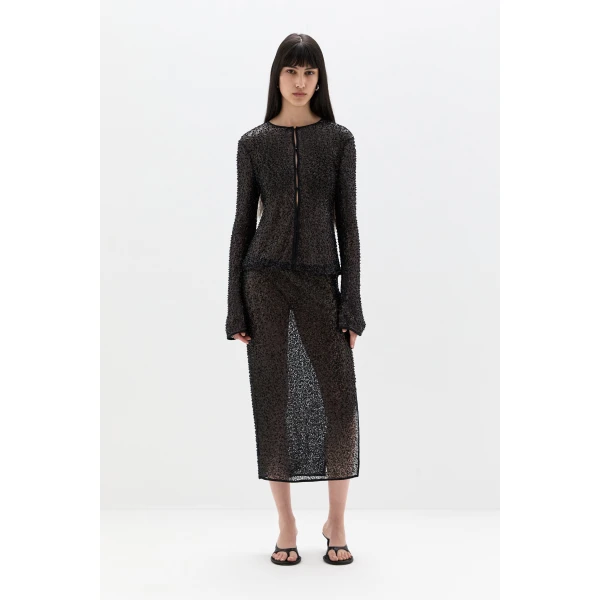 SIR the Label Cassia Sequin Midi Skirt in Black | Midi Skirts | Luxury Shoes 