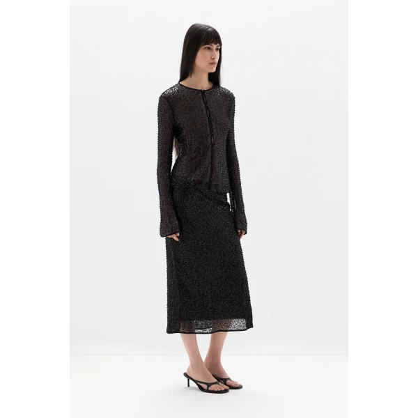 SIR the Label Cassia Sequin Midi Skirt in Black | Midi Skirts | Luxury Shoes 
