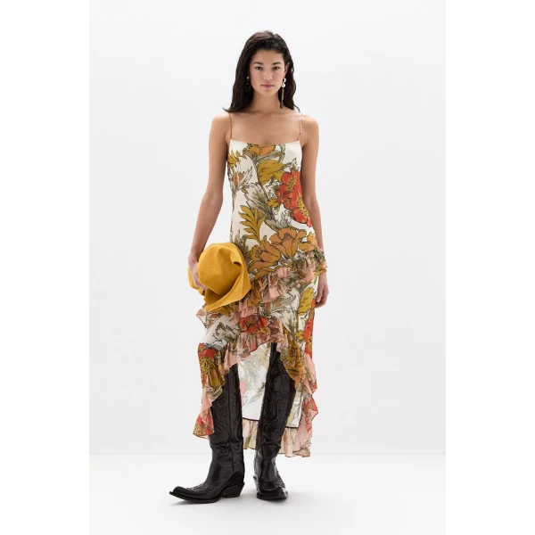 SIR the Label Estella Ruffle Maxi Dress in Aliera Floral Ivory | Maxi Dresses | Luxury Shoes 