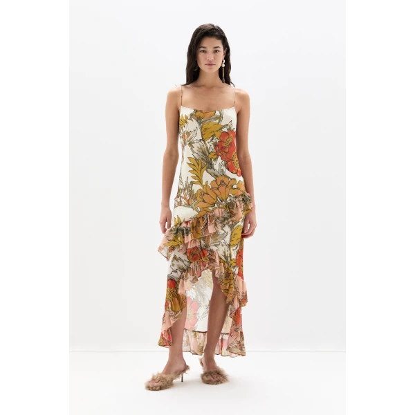 SIR the Label Estella Ruffle Maxi Dress in Aliera Floral Ivory | Maxi Dresses | Luxury Shoes 