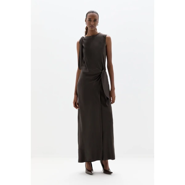 SIR the Label Gabriete Tie Shoulder Dress in Bitter Chocolate | Maxi Dresses | Luxury Shoes 