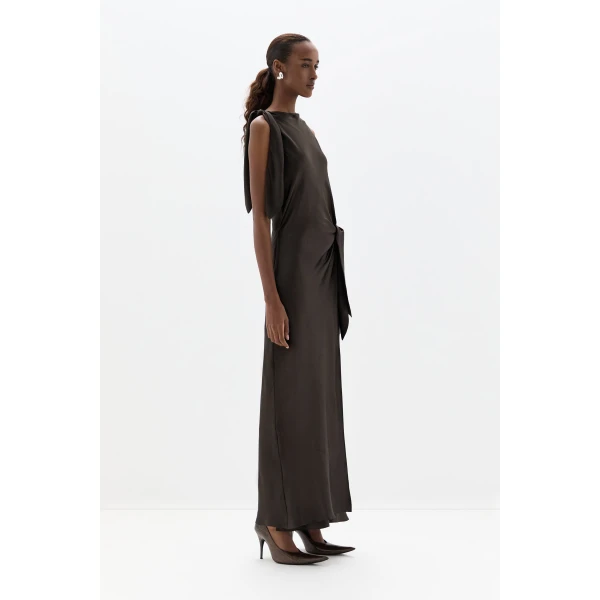 SIR the Label Gabriete Tie Shoulder Dress in Bitter Chocolate | Maxi Dresses | Luxury Shoes 