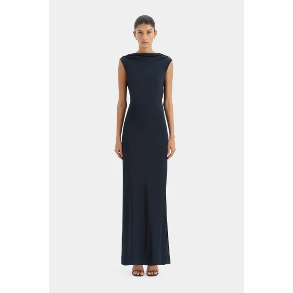 SIR the Label Isla Cowl Back Gown in Navy | Evening Gowns | Luxury Shoes 