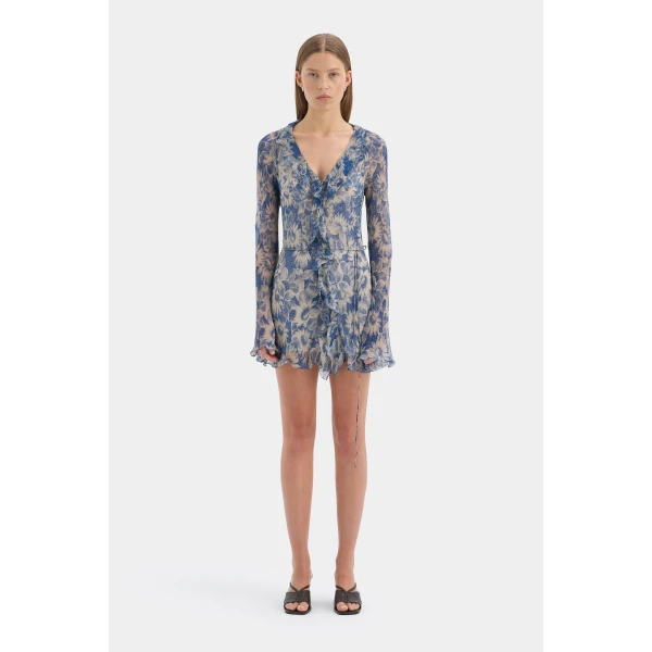 SIR the Label Lilia Ruffle Long Sleeve Mini Dress in Daisy Meadow | Mini Dresses | Luxury Shoes 
