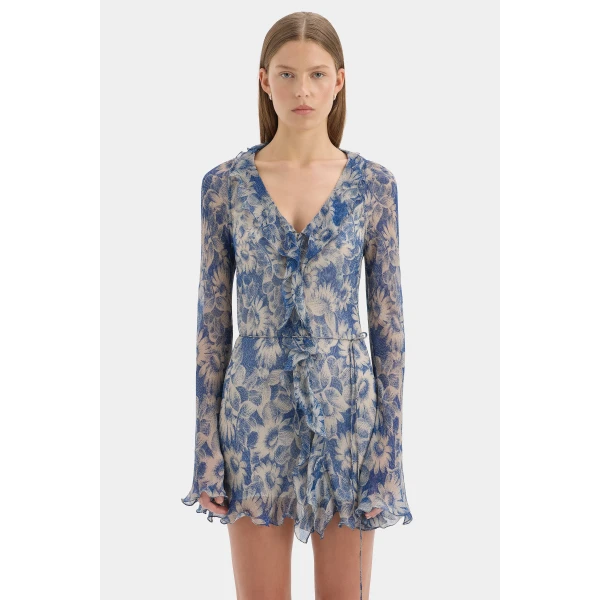 SIR the Label Lilia Ruffle Long Sleeve Mini Dress in Daisy Meadow | Mini Dresses | Luxury Shoes 