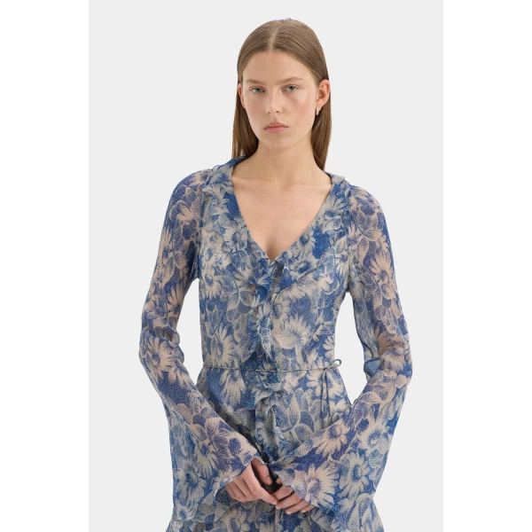 SIR the Label Lilia Ruffle Long Sleeve Mini Dress in Daisy Meadow | Mini Dresses | Luxury Shoes 