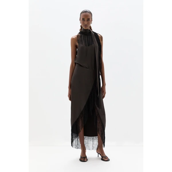 SIR the Label Lula Fringe Dress in Bitter Chocolate | Maxi Dresses | Luxury Shoes 