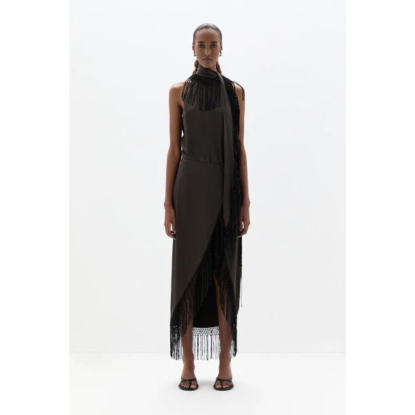 SIR the Label Lula Fringe Dress in Bitter Chocolate | Maxi Dresses | Luxury Shoes 