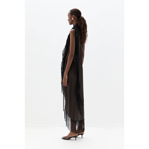 SIR the Label Lula Fringe Dress in Bitter Chocolate | Maxi Dresses | Luxury Shoes 