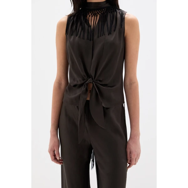 SIR the Label Lula Fringe Tie Top in Bitter Chocolate | Tops | Luxury Shoes 