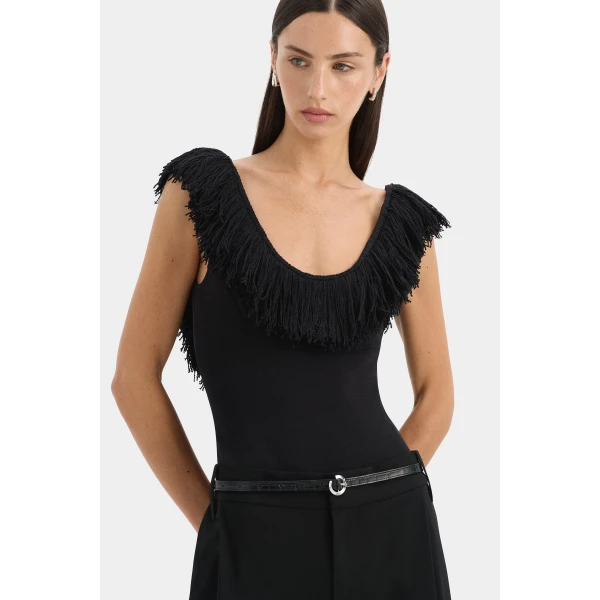 SIR the Label Marcelline Fringe Bodysuit in Black | Bodysuit | Luxury Shoes 