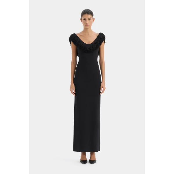 SIR the Label Marcelline Fringe Scoop Back Gown in Black | Evening Gowns | Luxury Shoes 