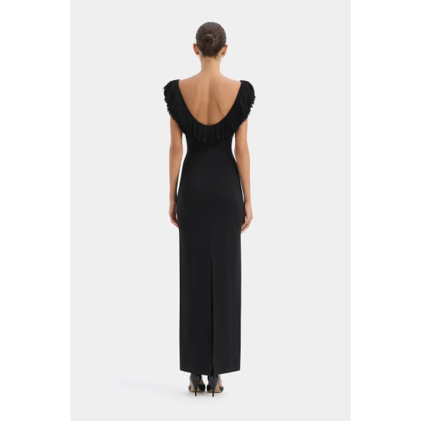 SIR the Label Marcelline Fringe Scoop Back Gown in Black | Evening Gowns | Luxury Shoes 