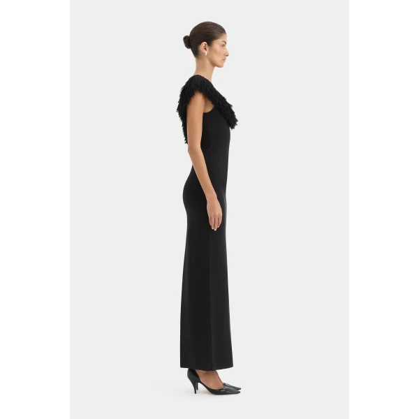 SIR the Label Marcelline Fringe Scoop Back Gown in Black | Evening Gowns | Luxury Shoes 