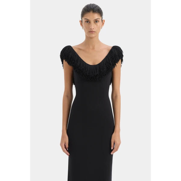 SIR the Label Marcelline Fringe Scoop Back Gown in Black | Evening Gowns | Luxury Shoes 