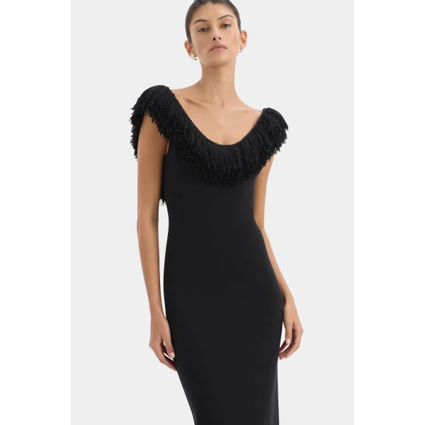 SIR the Label Marcelline Fringe Scoop Back Gown in Black | Evening Gowns | Luxury Shoes 