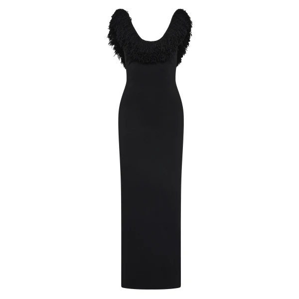 SIR the Label Marcelline Fringe Scoop Back Gown in Black | Evening Gowns | Luxury Shoes 