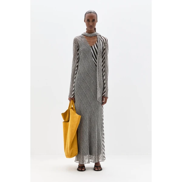SIR the Label Marlowe Hooded Gown in Monochrome Stripe | Evening Gowns | Luxury Shoes 