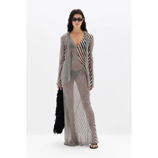 SIR the Label Marlowe Hooded Gown in Monochrome Stripe | Evening Gowns | Luxury Shoes 