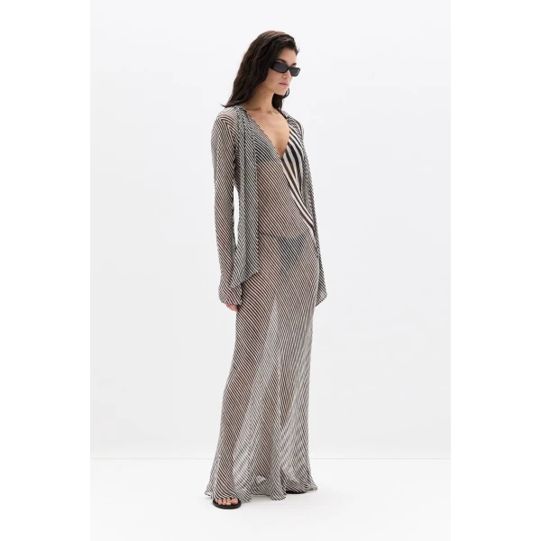 SIR the Label Marlowe Hooded Gown in Monochrome Stripe | Evening Gowns | Luxury Shoes 