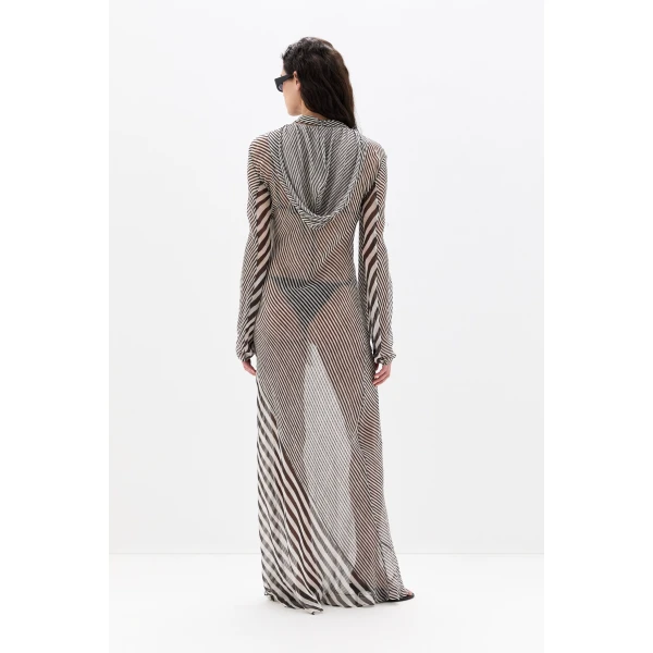 SIR the Label Marlowe Hooded Gown in Monochrome Stripe | Evening Gowns | Luxury Shoes 