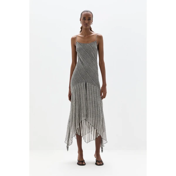 SIR the Label Marlowe Layered Midi Dress in Monochrome Stripe | Midi Dresses | Luxury Shoes 