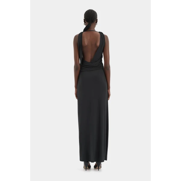 SIR the Label Olenna Twist Low Back Gown in Charcoal | Evening Gowns | Luxury Shoes 