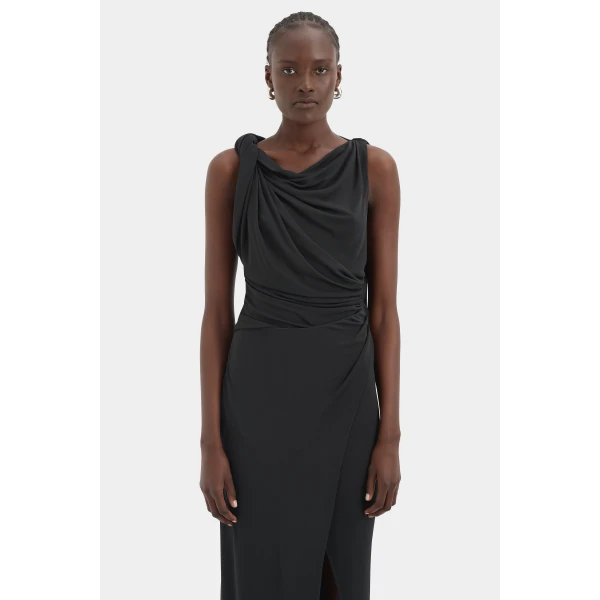SIR the Label Olenna Twist Low Back Gown in Charcoal | Evening Gowns | Luxury Shoes 