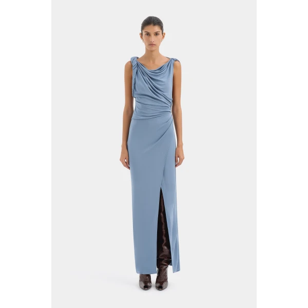 SIR the Label Olenna Twist Low Back Gown in Dusty Blue | Evening Gowns | Luxury Shoes 