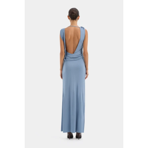 SIR the Label Olenna Twist Low Back Gown in Dusty Blue | Evening Gowns | Luxury Shoes 