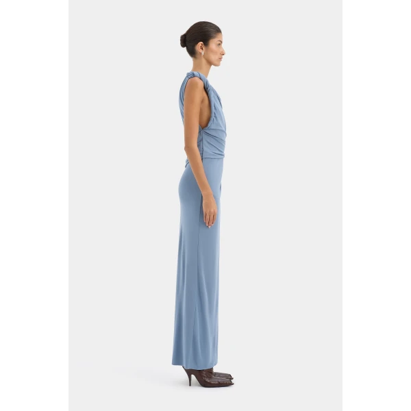 SIR the Label Olenna Twist Low Back Gown in Dusty Blue | Evening Gowns | Luxury Shoes 