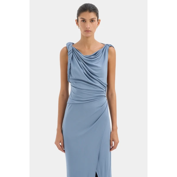 SIR the Label Olenna Twist Low Back Gown in Dusty Blue | Evening Gowns | Luxury Shoes 