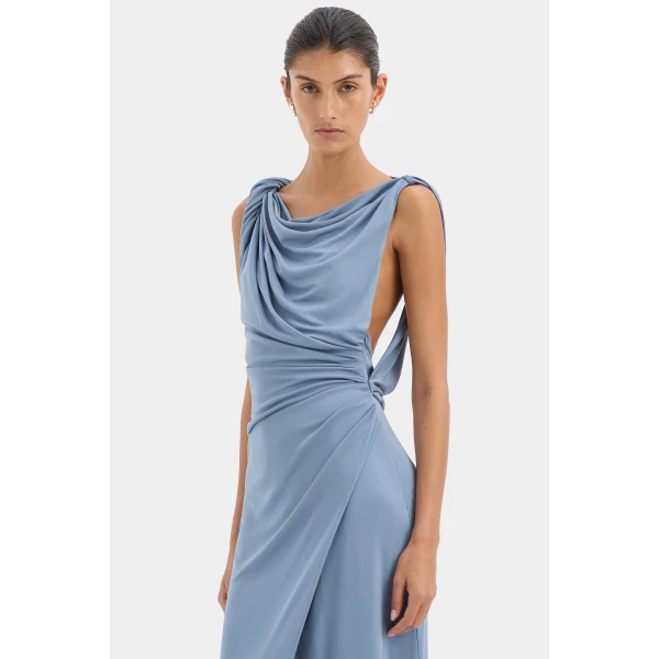 SIR the Label Olenna Twist Low Back Gown in Dusty Blue | Evening Gowns | Luxury Shoes 
